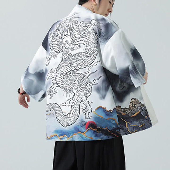 Buddha Stones Kimono da uomo estivo casual con apertura frontale e motivo "Montagne del Drago". - image 20