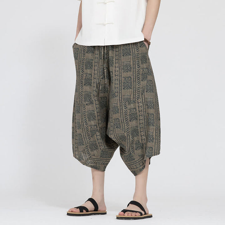 Buddha Stones Pantaloni Capri da uomo estivi in ​​stile boho casual con elastico in vita e fantasia floreale geometrica, modello harem. - Tan - US/UK/AU48, EU58 (5XL) - image 0