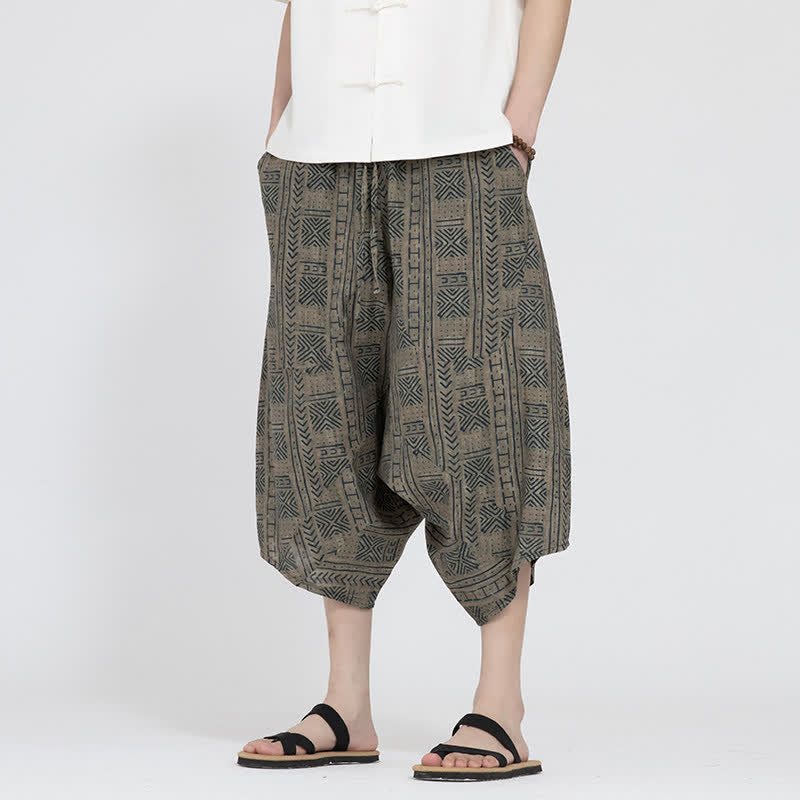 Buddha Stones Pantaloni Capri da uomo estivi in ​​stile boho casual con elastico in vita e fantasia floreale geometrica, modello harem. - Tan - US/UK/AU46, EU56 (5XL) - image 0