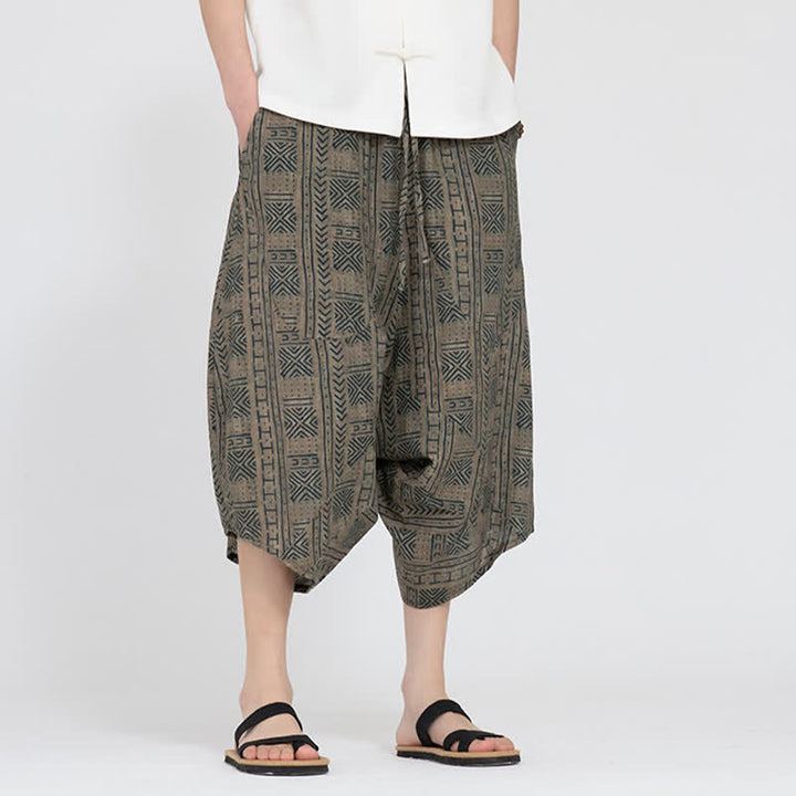 Buddha Stones Pantaloni Capri da uomo estivi in ​​stile boho casual con elastico in vita e fantasia floreale geometrica, modello harem. - image 6