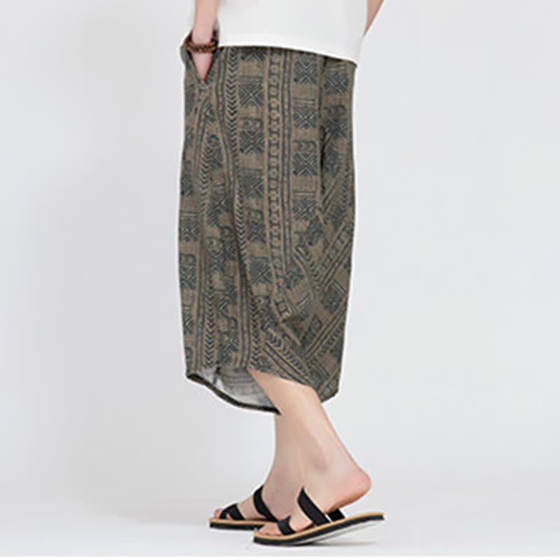 Buddha Stones Pantaloni Capri da uomo estivi in ​​stile boho casual con elastico in vita e fantasia floreale geometrica, modello harem. - image 3