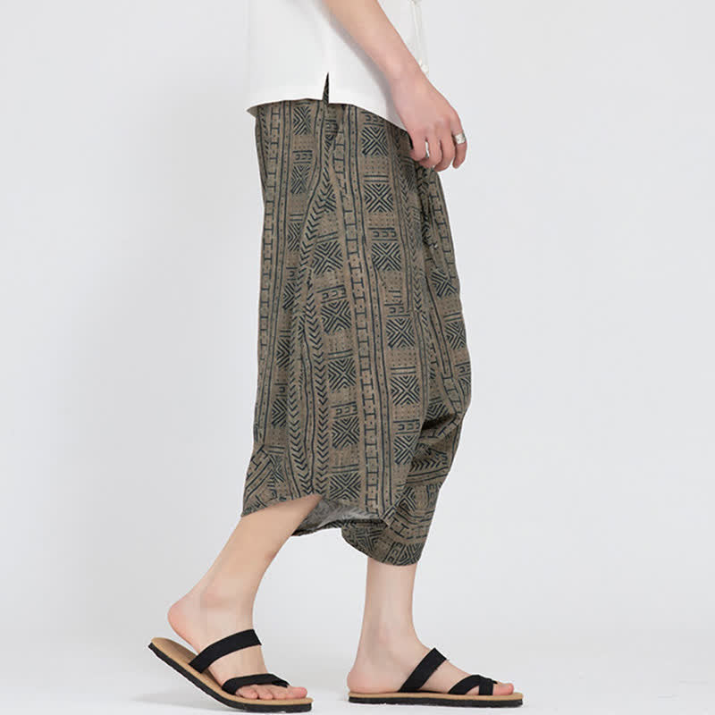 Buddha Stones Pantaloni Capri da uomo estivi in ​​stile boho casual con elastico in vita e fantasia floreale geometrica, modello harem. - image 2