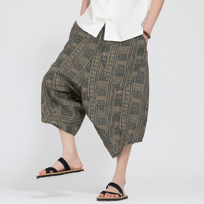 Buddha Stones Pantaloni Capri da uomo estivi in ​​stile boho casual con elastico in vita e fantasia floreale geometrica, modello harem. - image 7