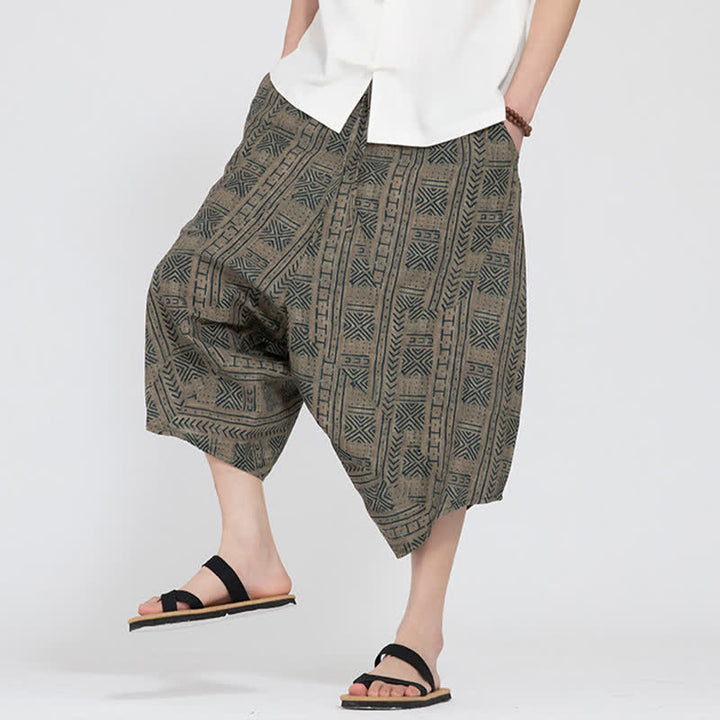 Buddha Stones Pantaloni Capri da uomo estivi in ​​stile boho casual con elastico in vita e fantasia floreale geometrica, modello harem. - image 7