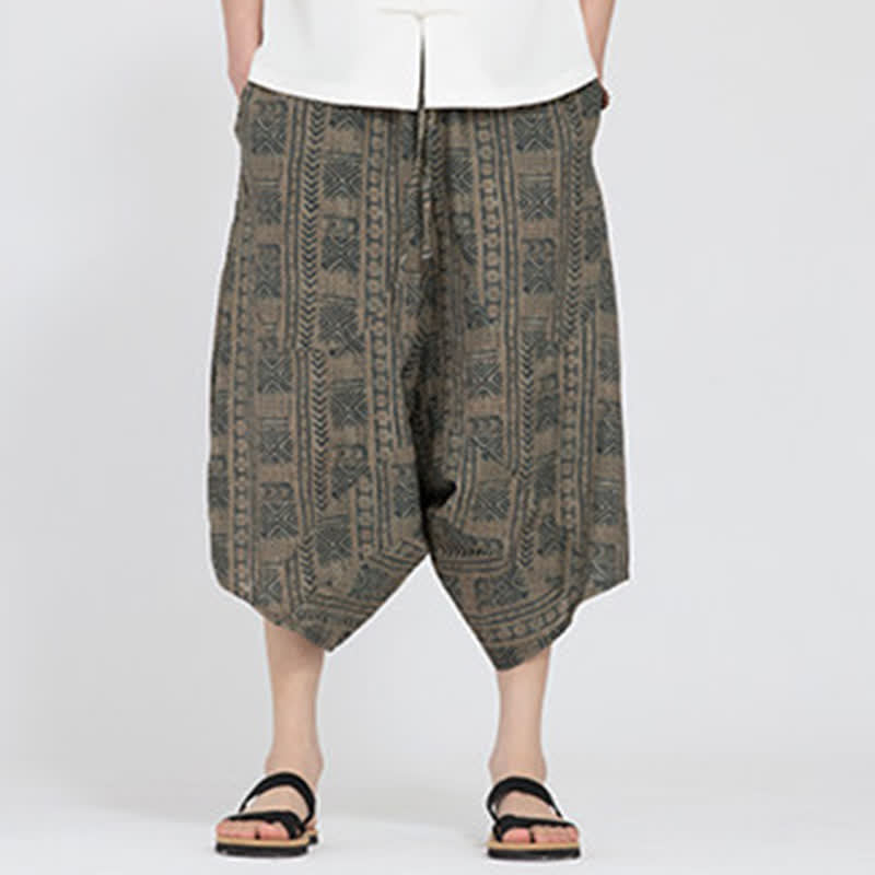 Buddha Stones Pantaloni Capri da uomo estivi in ​​stile boho casual con elastico in vita e fantasia floreale geometrica, modello harem. - image 1