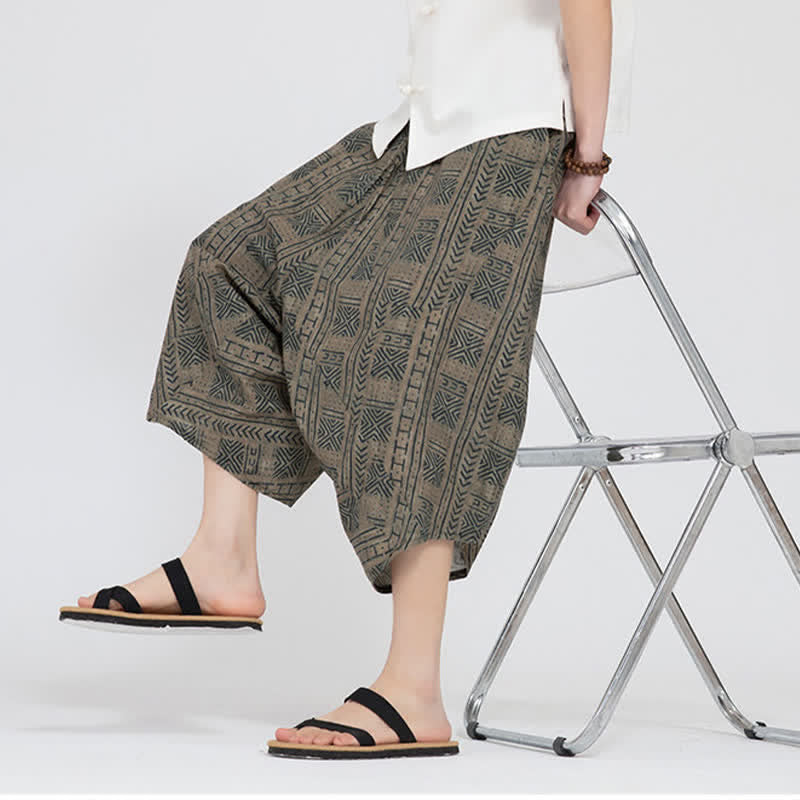 Buddha Stones Pantaloni Capri da uomo estivi in ​​stile boho casual con elastico in vita e fantasia floreale geometrica, modello harem. - image 9