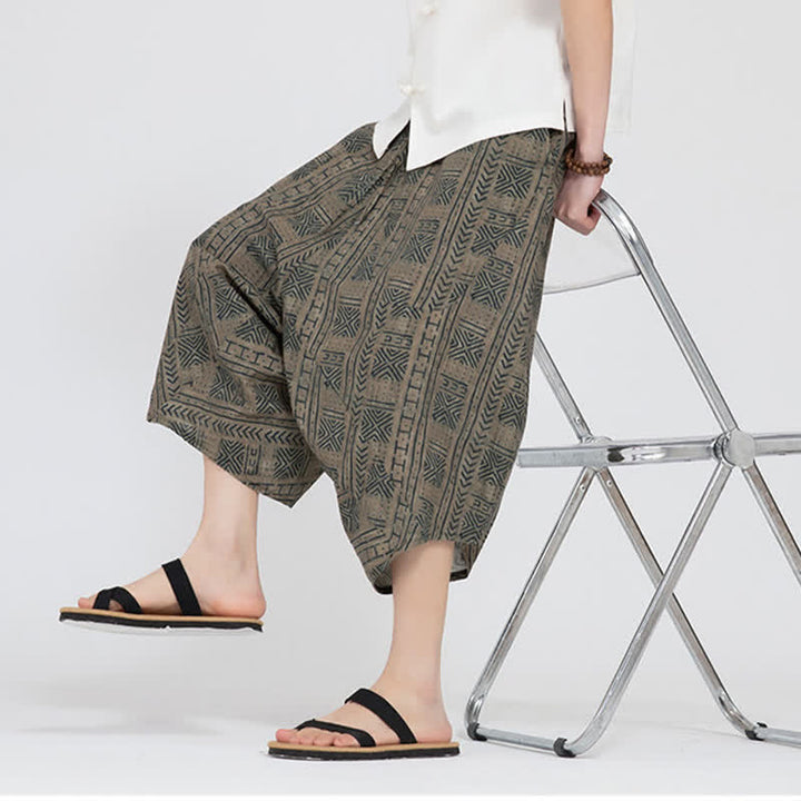 Buddha Stones Pantaloni Capri da uomo estivi in ​​stile boho casual con elastico in vita e fantasia floreale geometrica, modello harem. - image 9