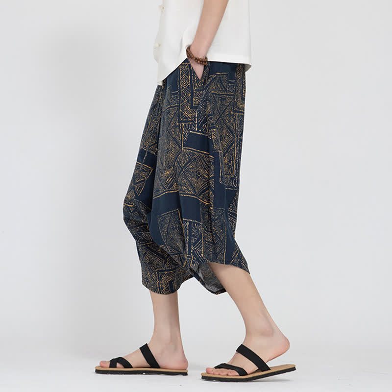 Buddha Stones Pantaloni Capri da uomo estivi in ​​stile boho casual con elastico in vita e fantasia floreale geometrica, modello harem. - image 13