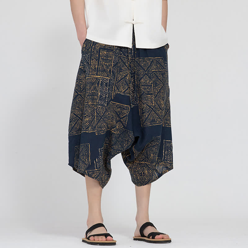 Buddha Stones Pantaloni Capri da uomo estivi in ​​stile boho casual con elastico in vita e fantasia floreale geometrica, modello harem. - SteelBlue - US/UK/AU48, EU58 (5XL) - image 14