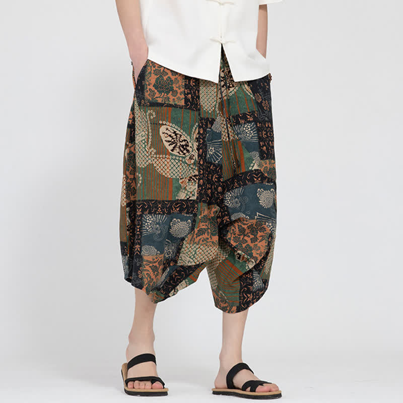 Buddha Stones Pantaloni Capri da uomo estivi in ​​stile boho casual con elastico in vita e fantasia floreale geometrica, modello harem. - image 24