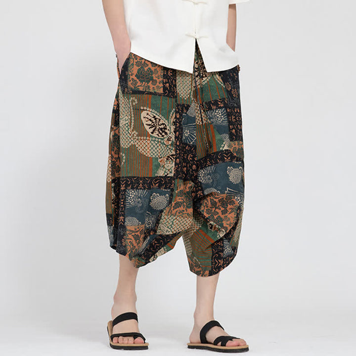 Buddha Stones Pantaloni Capri da uomo estivi in ​​stile boho casual con elastico in vita e fantasia floreale geometrica, modello harem. - image 24
