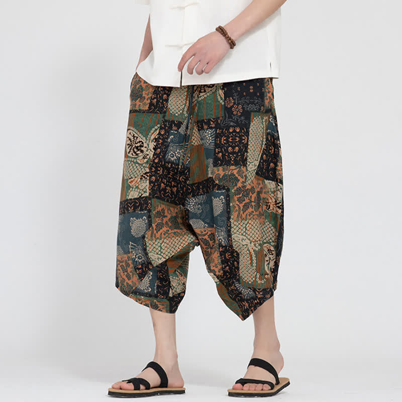 Buddha Stones Pantaloni Capri da uomo estivi in ​​stile boho casual con elastico in vita e fantasia floreale geometrica, modello harem. - Verga d'oro scura - US/UK/AU48, EU58 (5XL) - image 20
