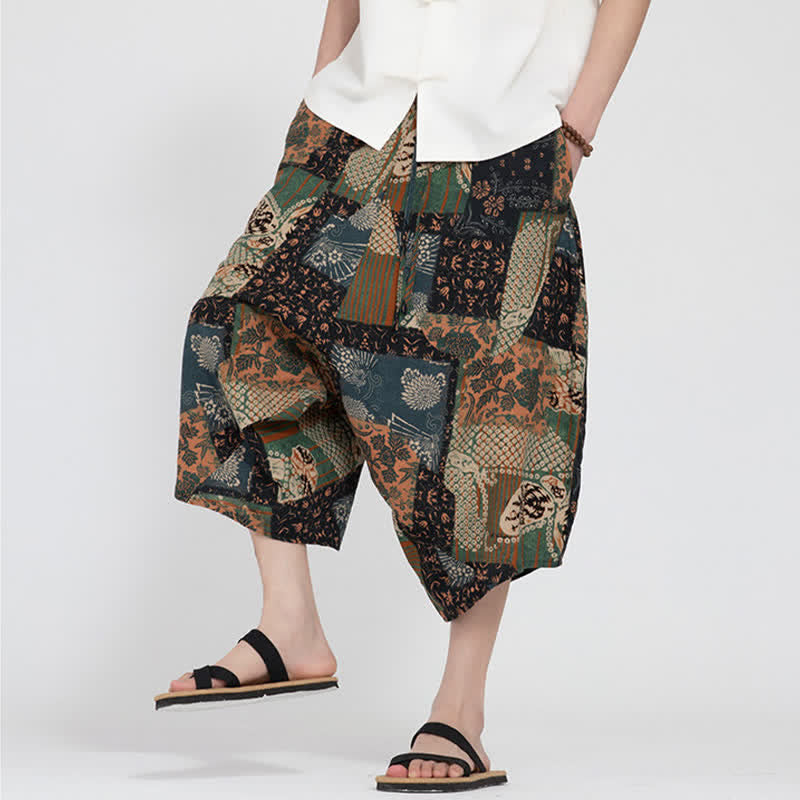 Buddha Stones Pantaloni Capri da uomo estivi in ​​stile boho casual con elastico in vita e fantasia floreale geometrica, modello harem. - image 26