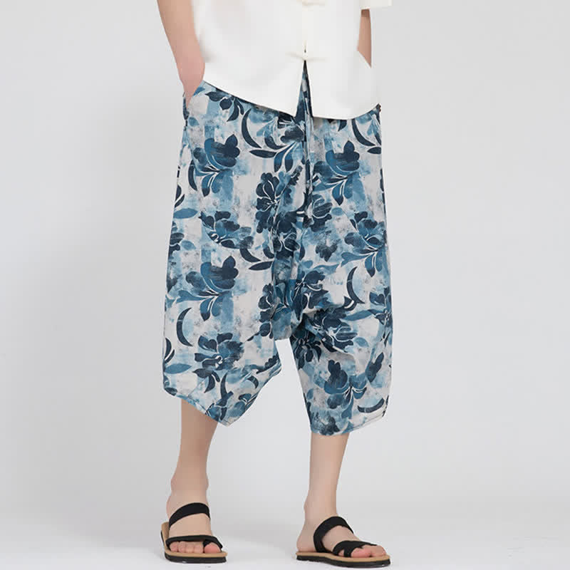 Buddha Stones Pantaloni Capri da uomo estivi in ​​stile boho casual con elastico in vita e fantasia floreale geometrica, modello harem. - Azzurro chiaro - US/UK/AU48, EU58 (5XL) - image 29