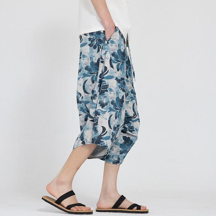 Buddha Stones Pantaloni Capri da uomo estivi in ​​stile boho casual con elastico in vita e fantasia floreale geometrica, modello harem. - image 33