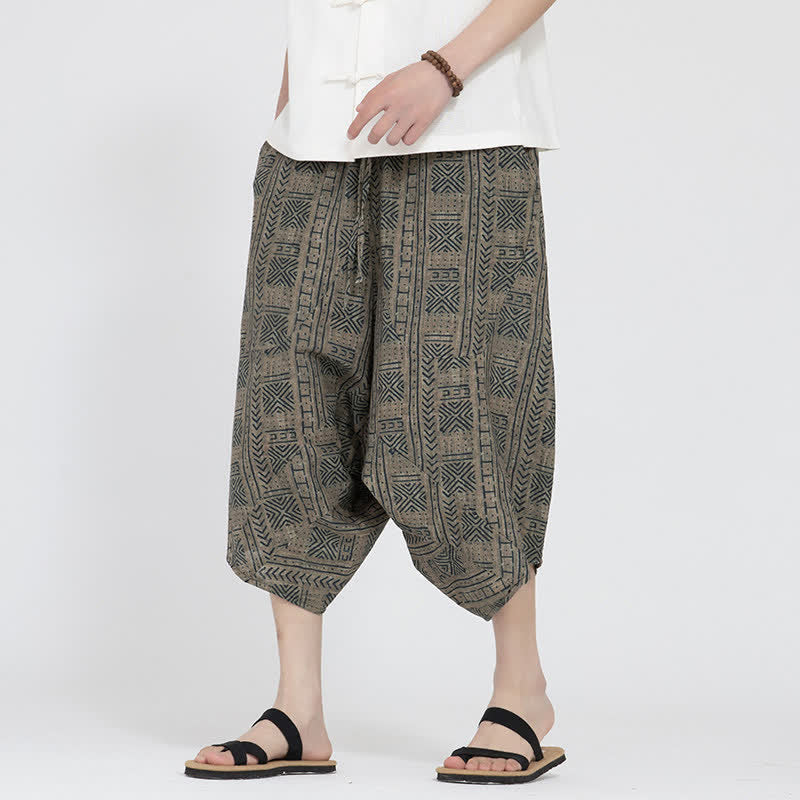 Buddha Stones Pantaloni Capri da uomo estivi in ​​stile boho casual con elastico in vita e fantasia floreale geometrica, modello harem. - image 4
