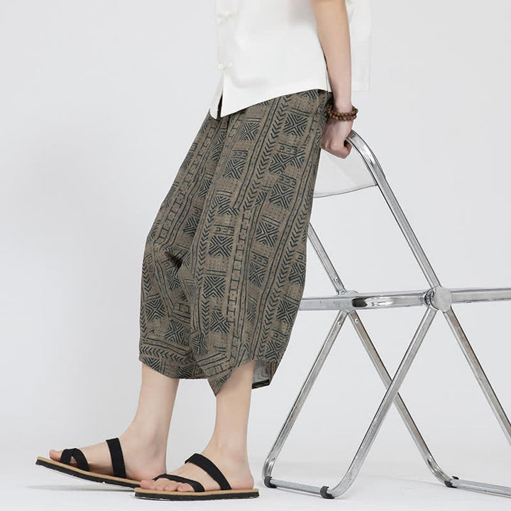 Buddha Stones Pantaloni Capri da uomo estivi in ​​stile boho casual con elastico in vita e fantasia floreale geometrica, modello harem. - image 8