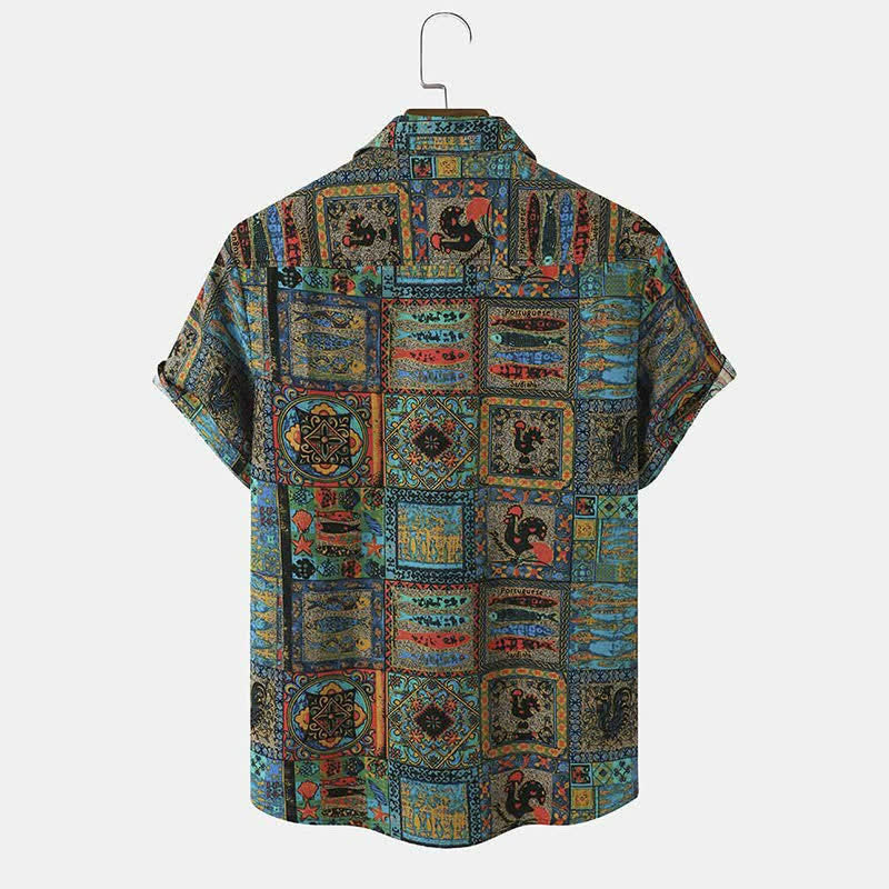 Buddha Stones Camicia da uomo estiva a maniche corte con bottoni e motivo geometrico, stile boho vintage. - image 1