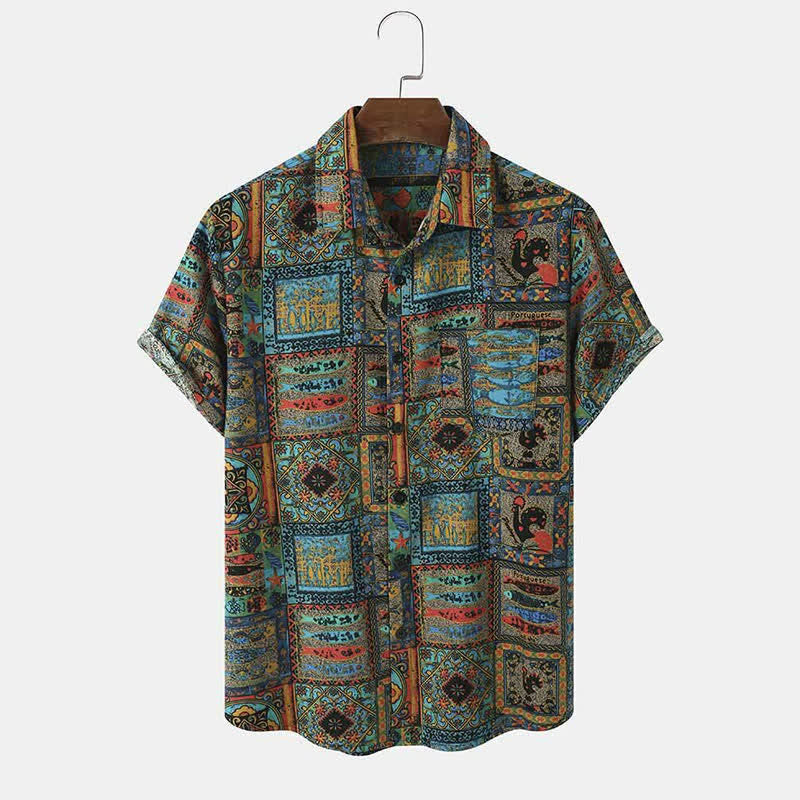 Buddha Stones Camicia da uomo estiva a maniche corte con bottoni e motivo geometrico, stile boho vintage. - Verde acqua - US/UK/AU40, EU50 (3XL) - image 0