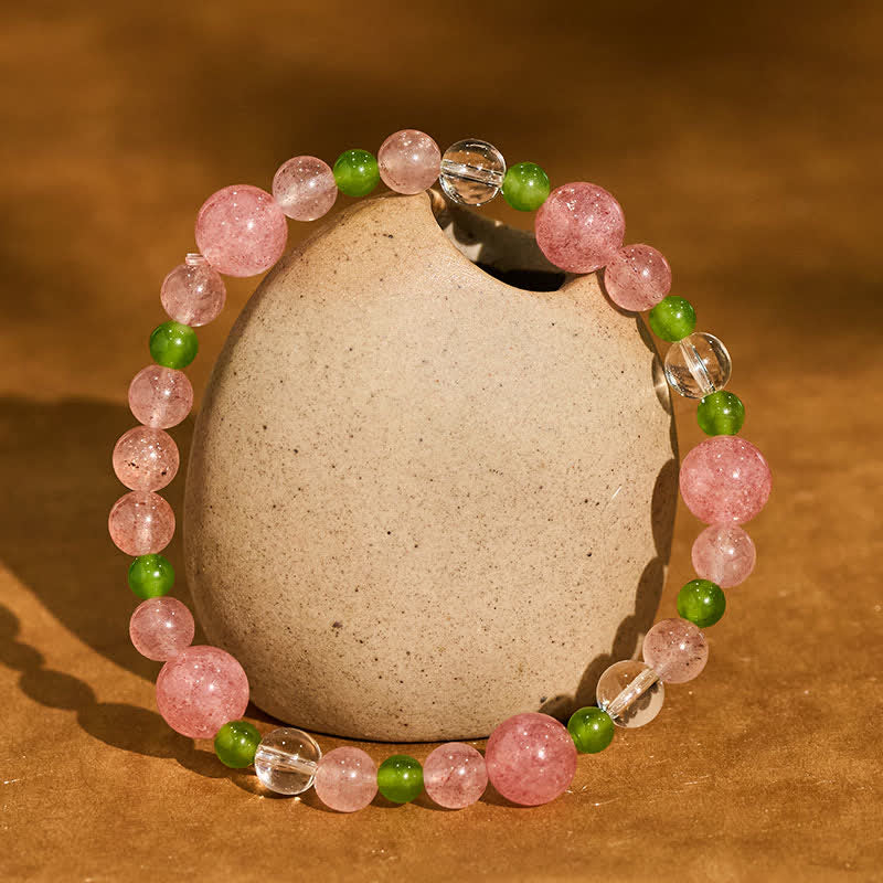 Buddha Stones Bracciale curativo in quarzo fragola, agata verde e quarzo trasparente - Quarzo fragola (Circonferenza del polso: 16–17 cm) - image 0