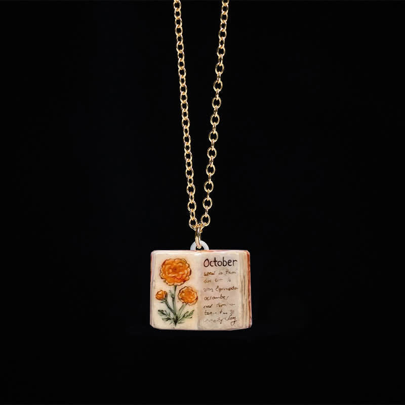 Buddha Stones Collana con ciondolo a forma di fiore di nascita in rame, design del libro rinforzato, equilibrio e armonia - Calendula - image 37
