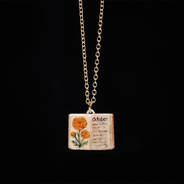 Buddha Stones Collana con ciondolo a forma di fiore di nascita in rame, design del libro rinforzato, equilibrio e armonia - Calendula - image 37