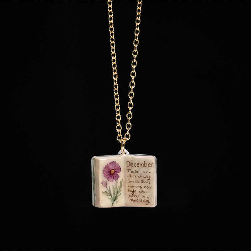 Buddha Stones Collana con ciondolo a forma di fiore di nascita in rame, design del libro rinforzato, equilibrio e armonia - Crisantemo viola - image 45
