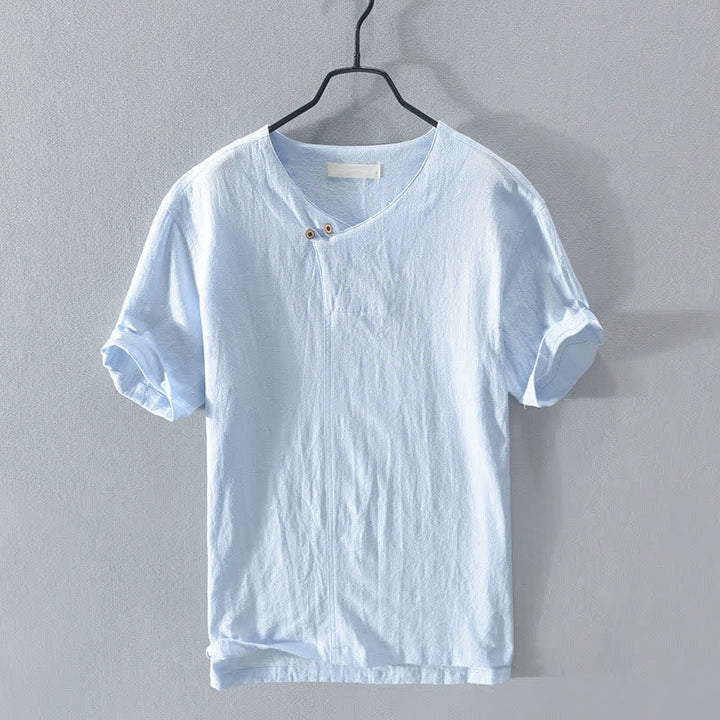 Buddha Stones Camicia da uomo estiva casual asimmetrica a maniche corte con scollo a V e bottoni. - Azzurro cielo chiaro - US/UK/AU44, EU54 (3XL) - image 4