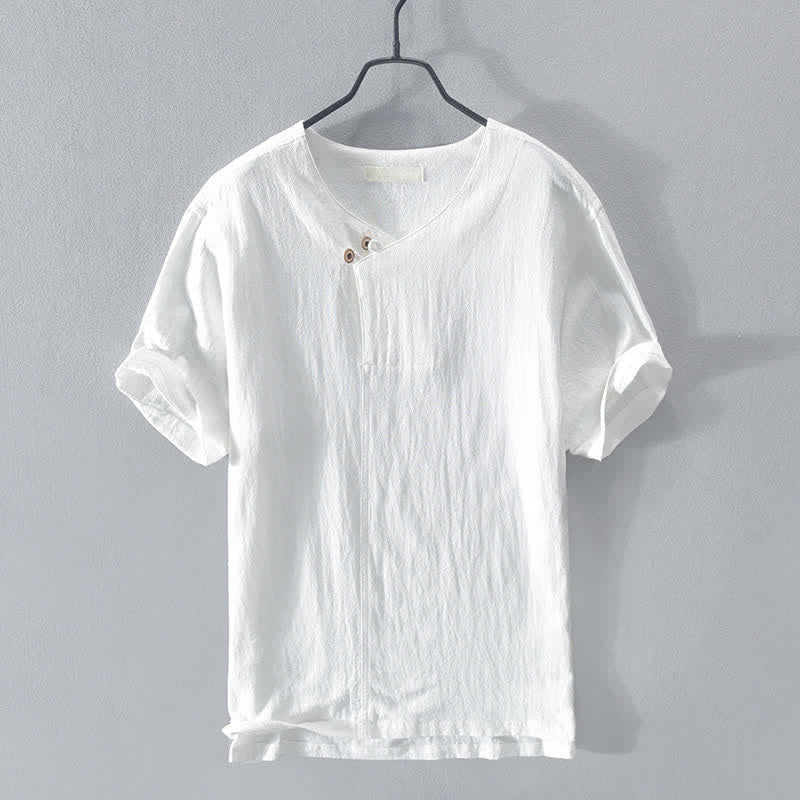 Buddha Stones Camicia da uomo estiva casual asimmetrica a maniche corte con scollo a V e bottoni. - Bianco - US/UK/AU44, EU54 (3XL) - image 12