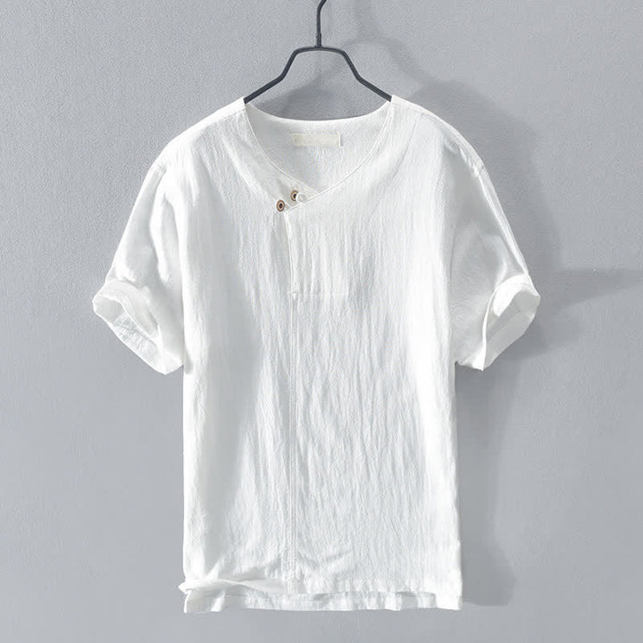 Buddha Stones Camicia da uomo estiva casual asimmetrica a maniche corte con scollo a V e bottoni. - Bianco - US/UK/AU44, EU54 (3XL) - image 12