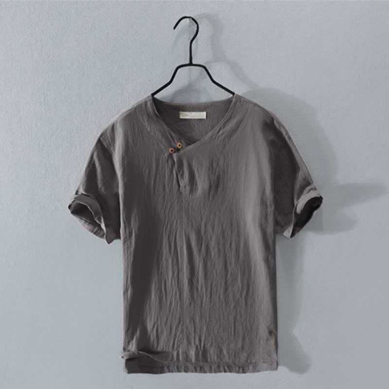 Buddha Stones Camicia da uomo estiva casual asimmetrica a maniche corte con scollo a V e bottoni. - Grigio tenue - US/UK/AU44, EU54 (3XL) - image 0