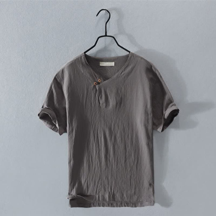 Buddha Stones Camicia da uomo estiva casual asimmetrica a maniche corte con scollo a V e bottoni. - Grigio tenue - US/UK/AU44, EU54 (3XL) - image 0