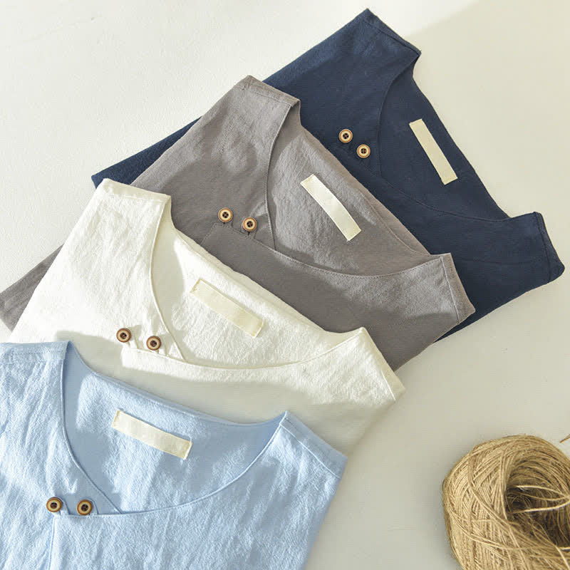 Buddha Stones Camicia da uomo estiva casual asimmetrica a maniche corte con scollo a V e bottoni. - image 20