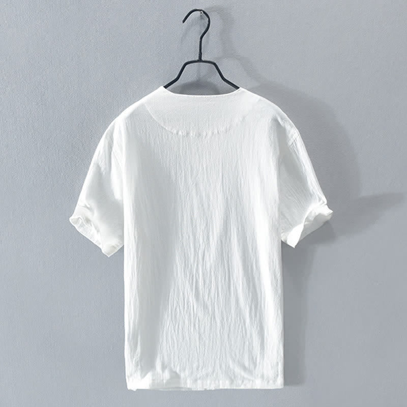 Buddha Stones Camicia da uomo estiva casual asimmetrica a maniche corte con scollo a V e bottoni. - image 13