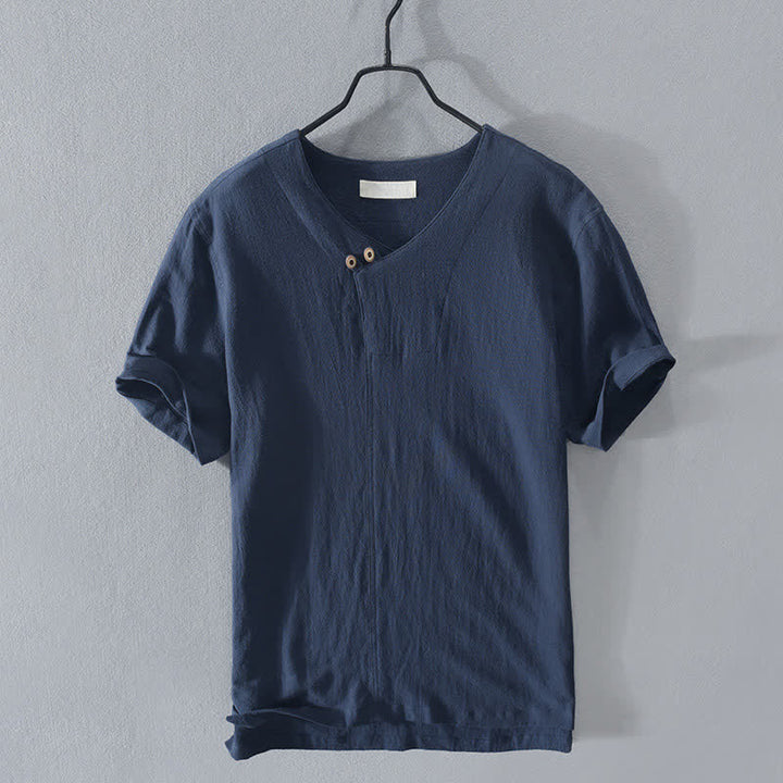 Buddha Stones Camicia da uomo estiva casual asimmetrica a maniche corte con scollo a V e bottoni. - Blu reale - US/UK/AU44, EU54 (3XL) - image 8