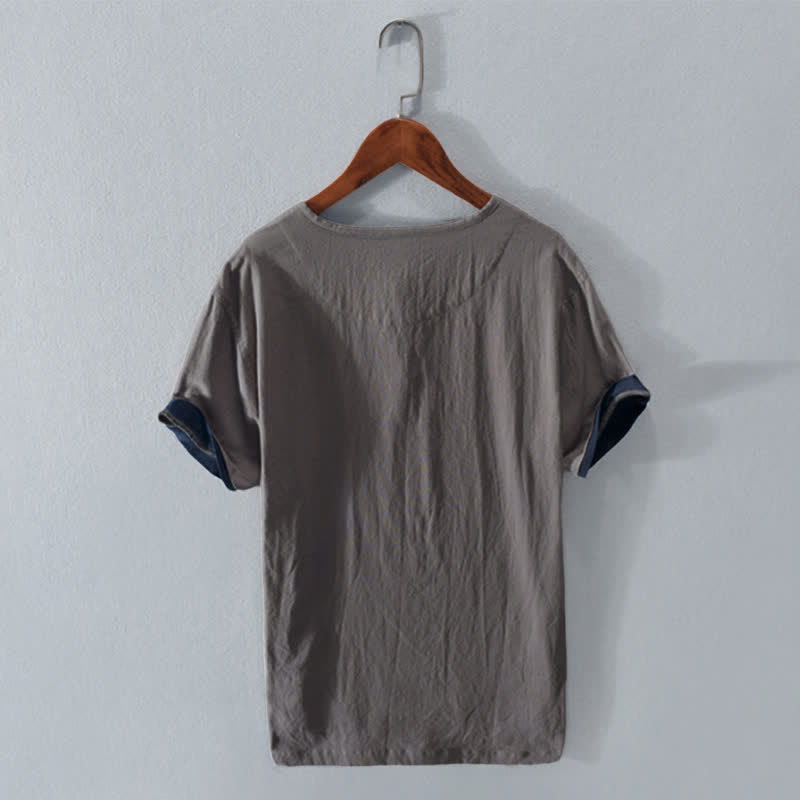Buddha Stones Camicia da uomo estiva casual minimalista a due bottoni in cotone e lino a maniche corte. - image 1