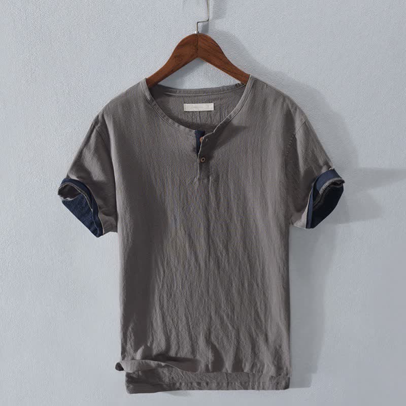 Buddha Stones Camicia da uomo estiva casual minimalista a due bottoni in cotone e lino a maniche corte. - Grigio - US/UK/AU42, EU52 (3XL) - image 0