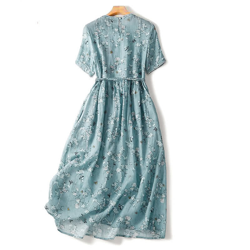 Buddha Stones Abito estivo casual vintage da donna con coulisse, blu floreale e maniche corte. - image 1