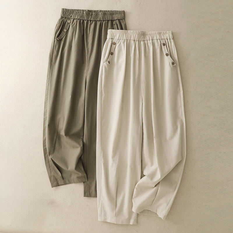 Buddha Stones Pantaloni corti da donna casual primavera estate con bottoni decorativi, modello harem con tasche. - image 15