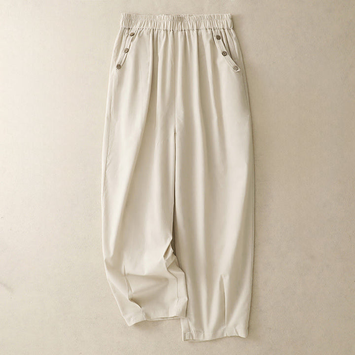 Buddha Stones Pantaloni corti da donna casual primavera estate con bottoni decorativi, modello harem con tasche. - Beige - US12, UK/AU16, EU44 (2XL) - image 0