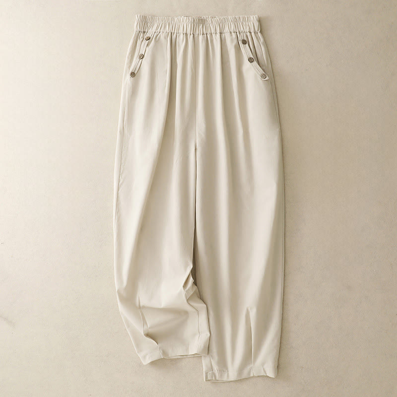 Buddha Stones Pantaloni corti da donna casual primavera estate con bottoni decorativi, modello harem con tasche. - Beige - US12, UK/AU16, EU44 (2XL) - image 0