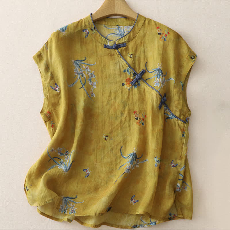 Buddha Stones Maglietta senza maniche da donna stile vintage Tang con bottoni a rana e stampa floreale e orchidee, ideale per l'estate. - Perù - Senza maniche - US12, UK/AU16, EU44 (2XL) - image 0