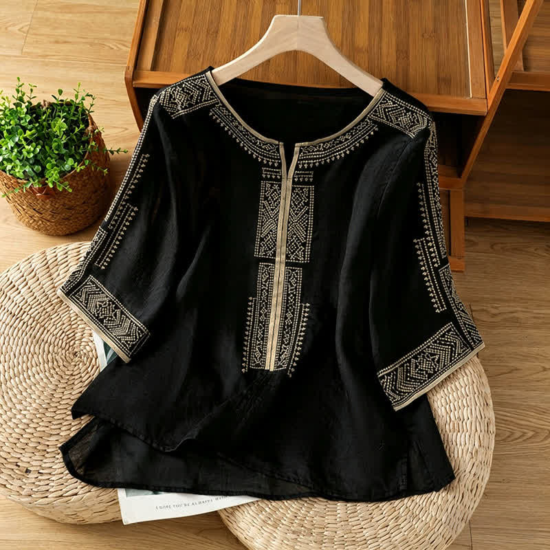 Buddha Stones T-shirt da donna a maniche corte, stile boho casual estivo, con ricami geometrici. - Nero - US8-10, UK/AU12-14, EU40-42 (2XL) - image 0