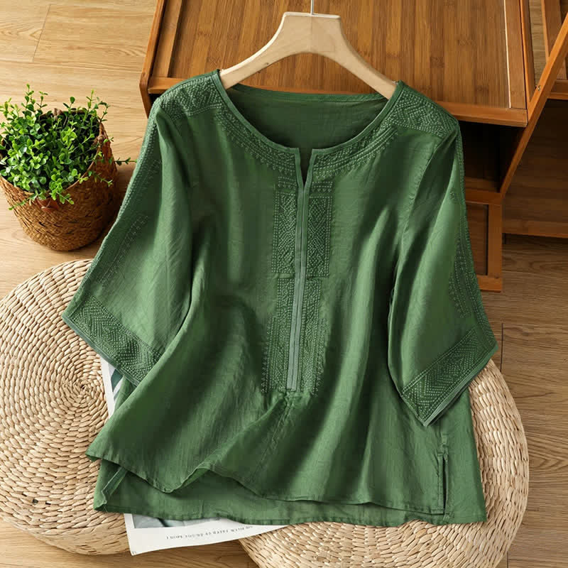 Buddha Stones T-shirt da donna a maniche corte, stile boho casual estivo, con ricami geometrici. - Verde oliva scuro - US8-10, UK/AU12-14, EU40-42 (2XL) - image 6