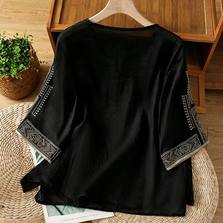 Buddha Stones T-shirt da donna a maniche corte, stile boho casual estivo, con ricami geometrici. - image 1