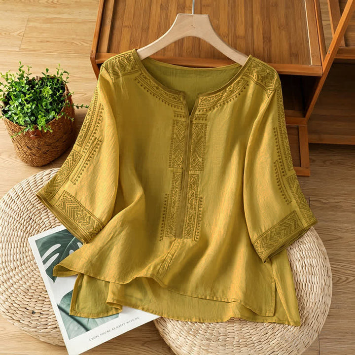 Buddha Stones T-shirt da donna a maniche corte, stile boho casual estivo, con ricami geometrici. - Cachi scuro - US8-10, UK/AU12-14, EU40-42 (2XL) - image 12