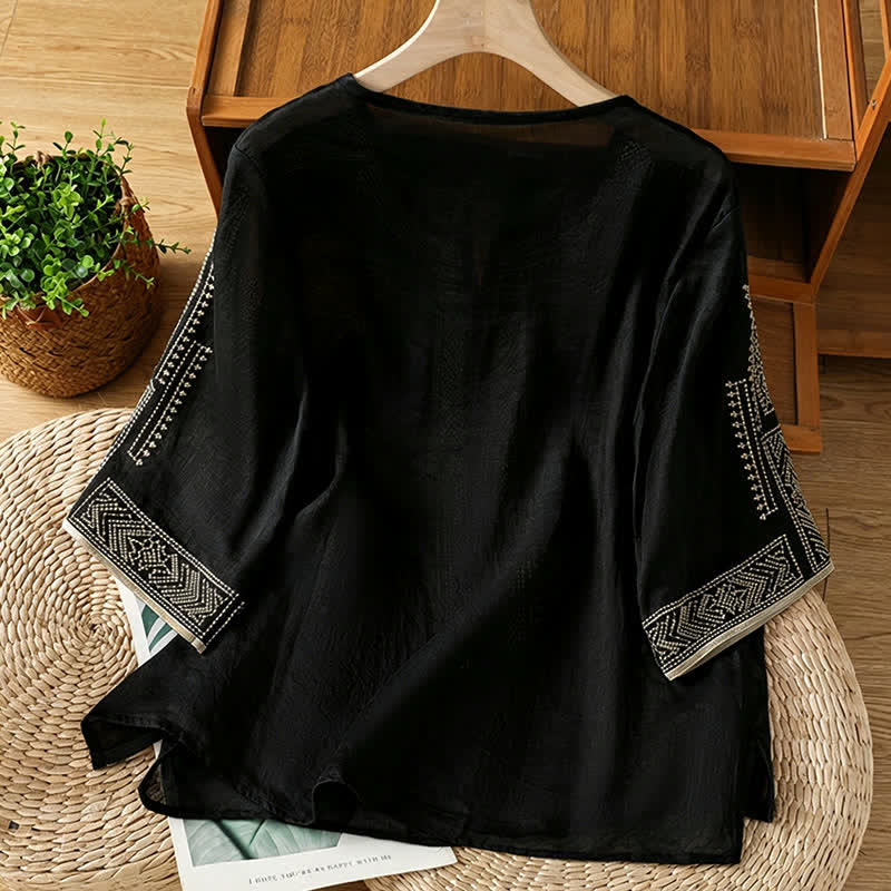 Buddha Stones T-shirt da donna a maniche corte, stile boho casual estivo, con ricami geometrici. - image 1