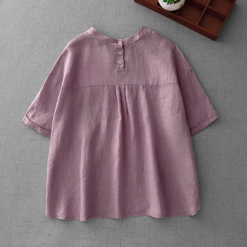Buddha Stones T-shirt da donna estiva casual e minimalista a maniche corte con bottoni sul retro e tasche frontali. - image 1