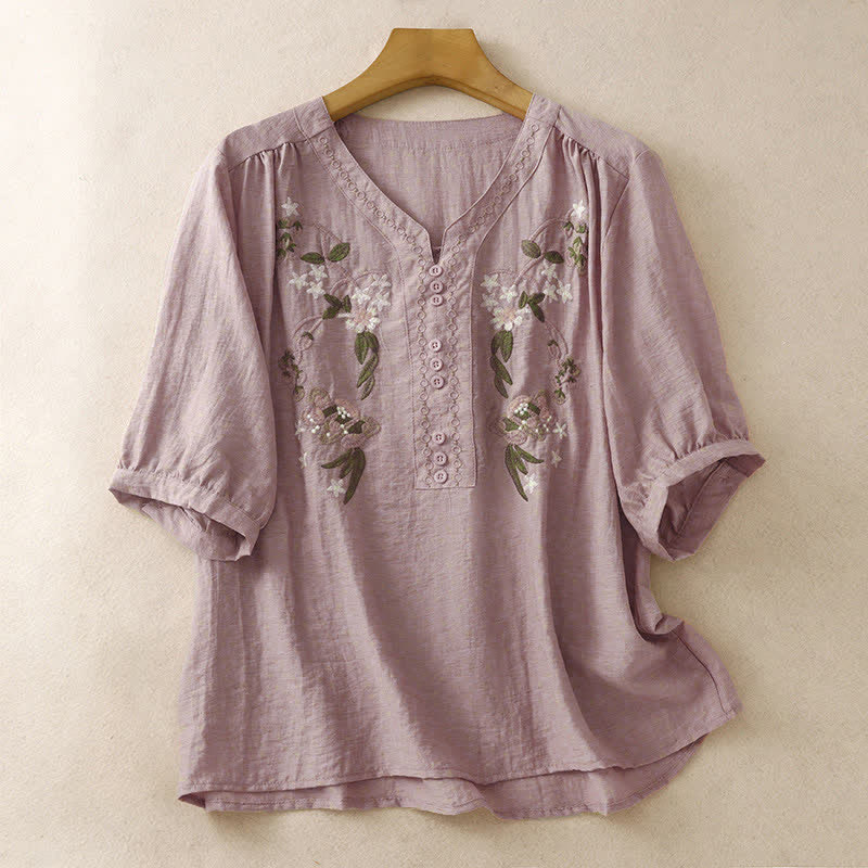 Buddha Stones Camicia da donna estiva a maniche corte con ricami floreali in stile boho. - Rosso viola pallido - US8-10, UK/AU12-14, EU40-42 (2XL) - image 6