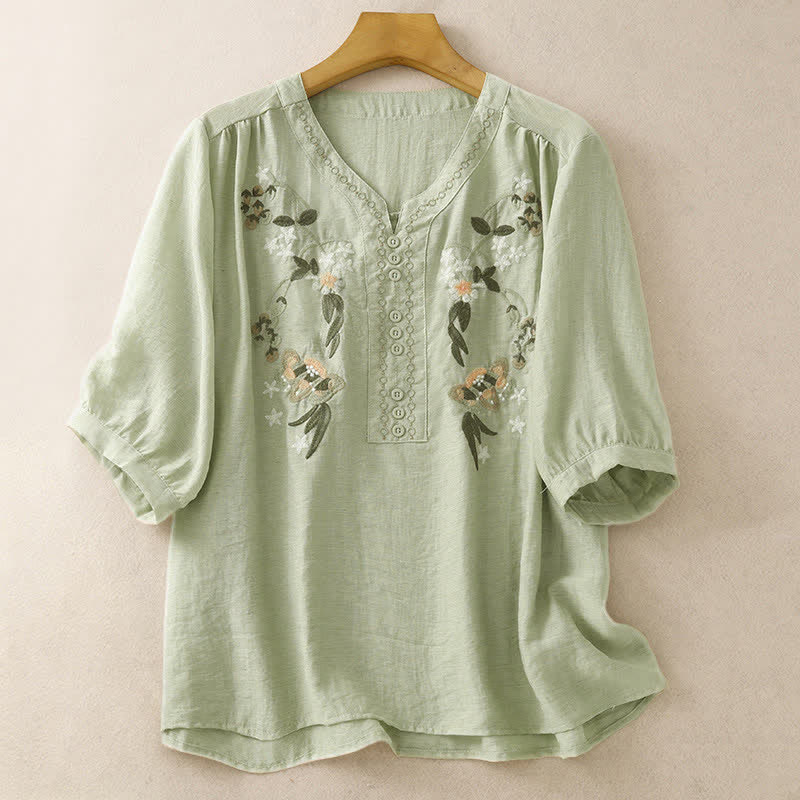 Buddha Stones Camicia da donna estiva a maniche corte con ricami floreali in stile boho. - Verde Mare Scuro - US8-10, UK/AU12-14, EU40-42 (2XL) - image 0
